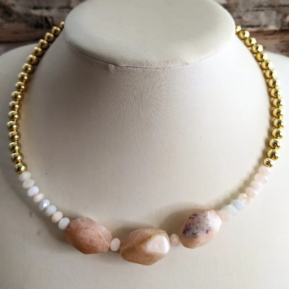 Natural Large Morganite Nugget & Beads With Gold Beads In Choker/Necklace